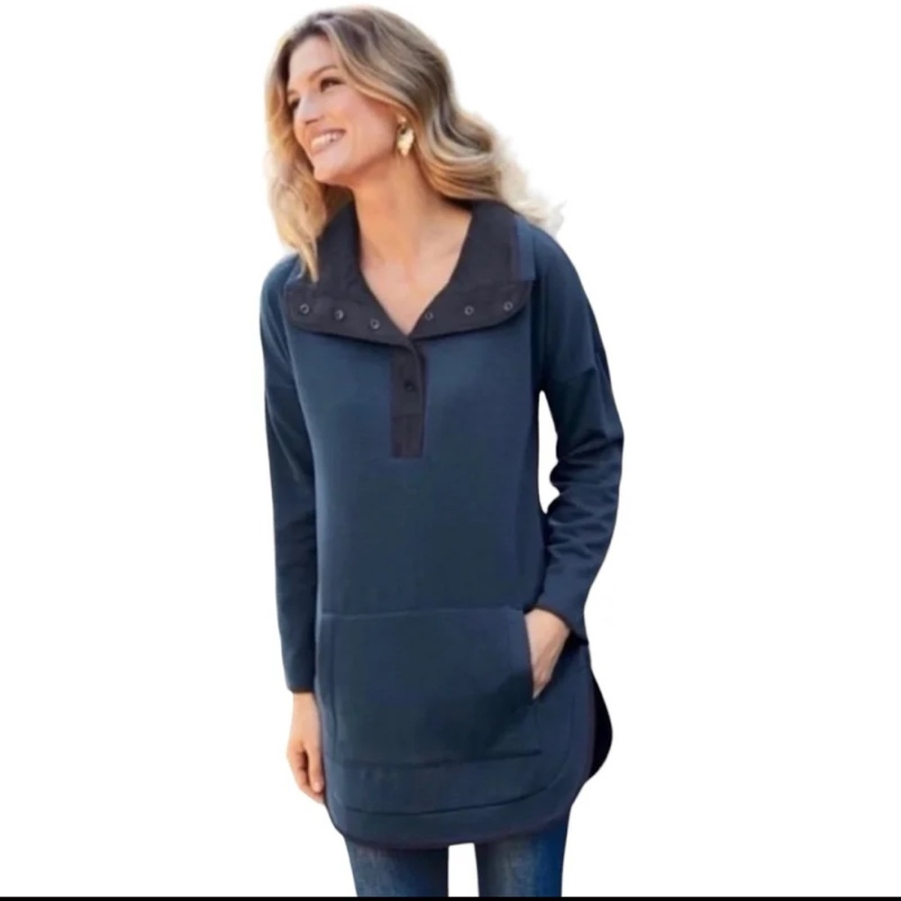Soft Surroundings Women's Sweater Hugs Blue pullover snap neck Sweatshirt Size M